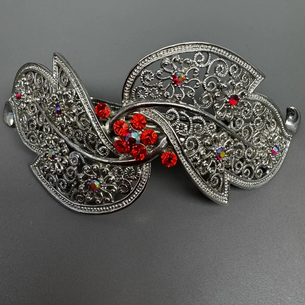 Vintage Ornate Silver Tone Hair Barrette with Red Floral Rhinestones